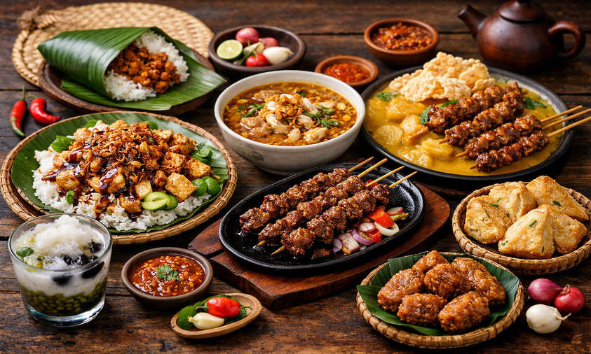 Makanan khas Tegal lengkap seperti sega ponggol, sega lengko, sate kambing Tegal, kupat glabed, tahu aci, dan es lontrong